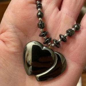 Double Heart Hematite Style Beaded Necklace